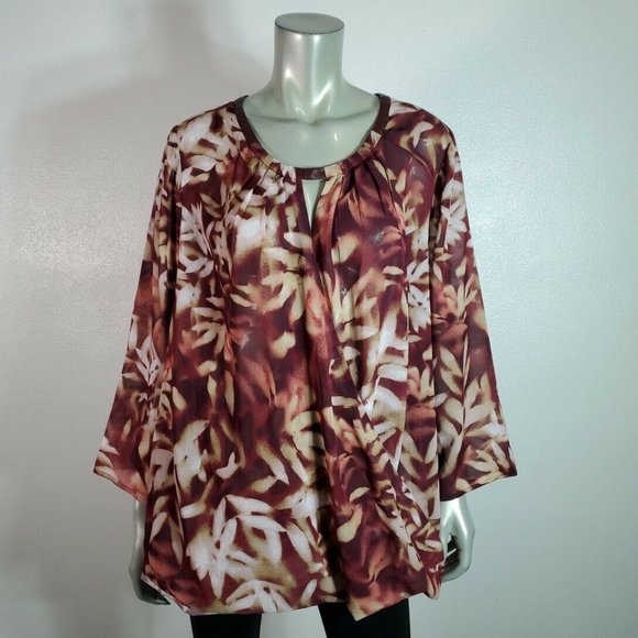 Catherines Black Label Top Plus Size 1X Faux Leather Trim Surplice Sheer Red‎ - Picture 2 of 6